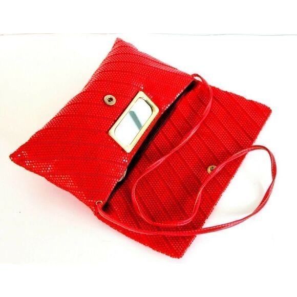VTG RED MESH GENUINE LEATHER STRAP FLAP MIRROR INSIDE SHOULDER BAG PURSE CLUTCH - Picture 7 of 9